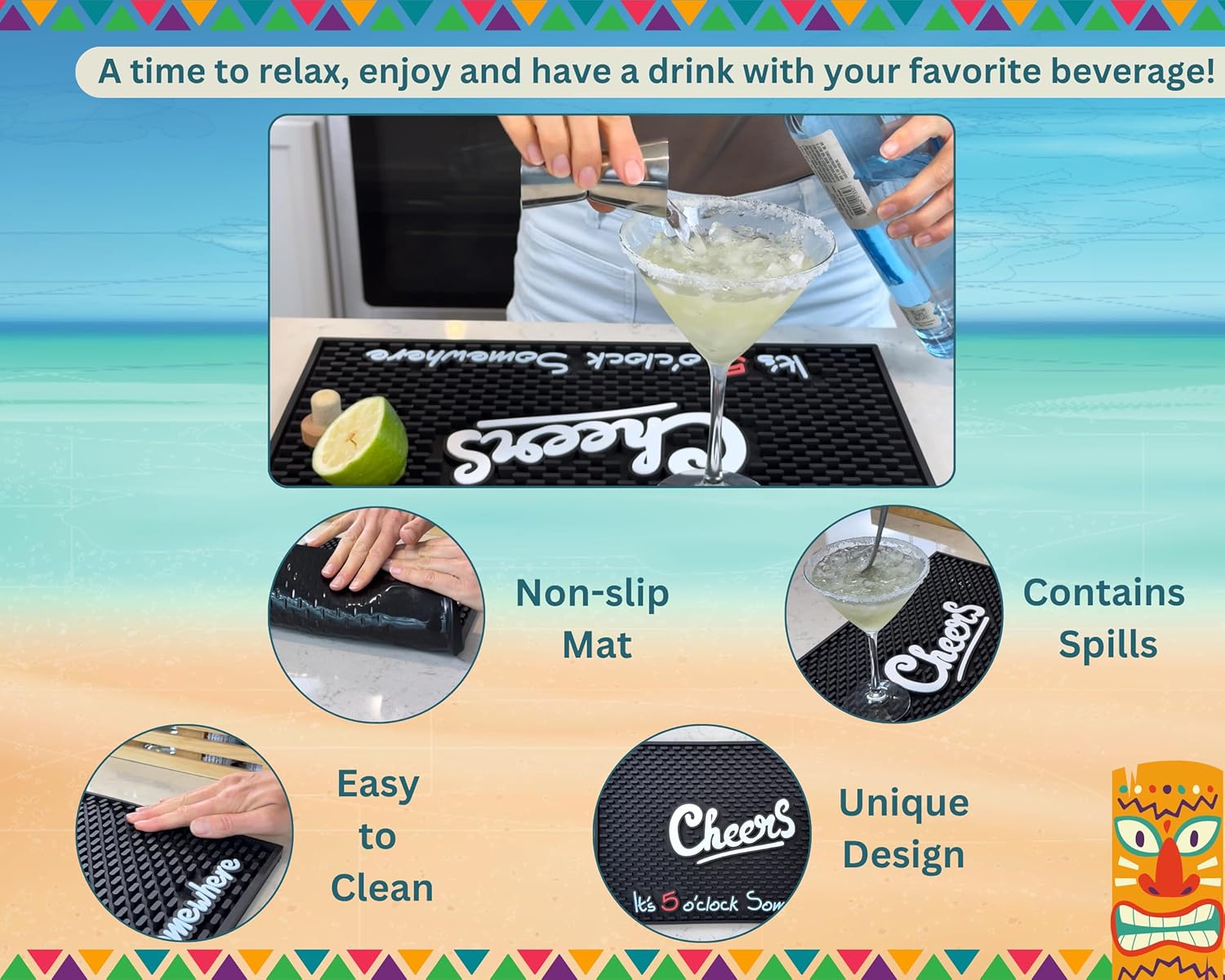 Cheers It's 5 o'clock Somewhere Tiki Bar Mats for Countertop 18 x 12in, Tiki Decor Cheers Sign for Bar Cart Decor and Essentials, Silicone Coffee Mat and Coffee Matt for Counter, Drink Signs for Party