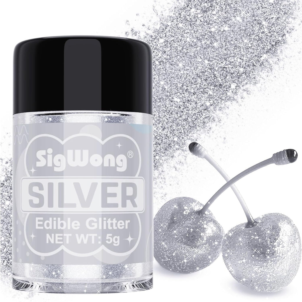 Silver Edible Glitter - 5g Food Grade Cake Decorating Shimmering Glitter, Edible Sprinkle Luster Dust for Drinks, Chocolates, Fondant, Strawberries, Cupcakes, Candy, Cookie - Vegan