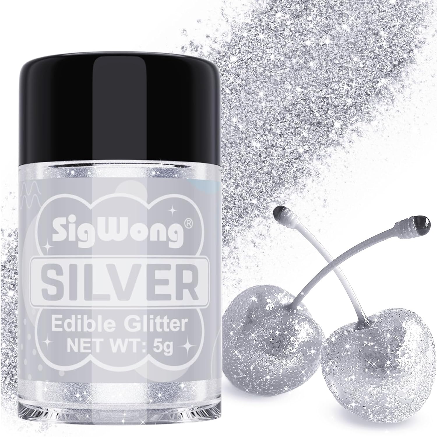 Silver Edible Glitter - 5g Food Grade Cake Decorating Shimmering Glitter, Edible Sprinkle Luster Dust for Drinks, Chocolates, Fondant, Strawberries, Cupcakes, Candy, Cookie - Vegan
