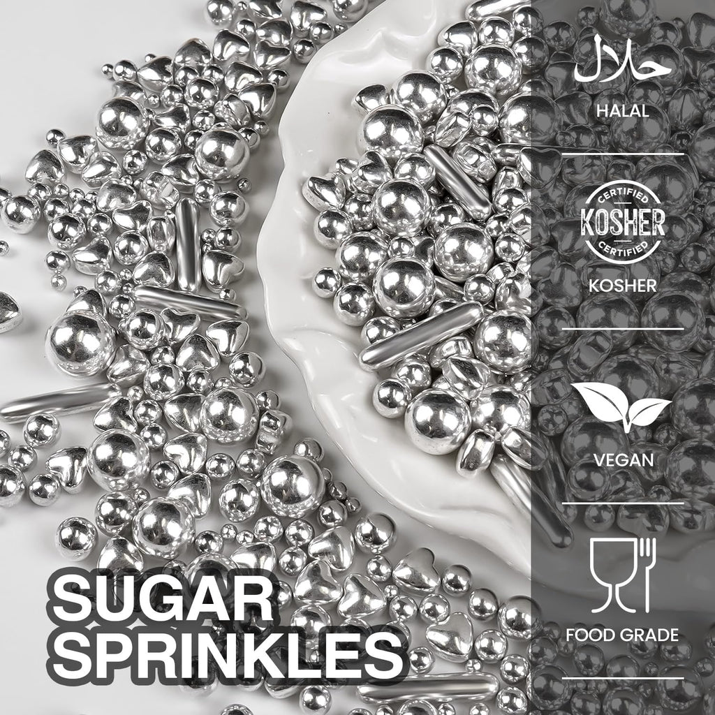 Silver Pearl Rods Heart Sprinkles, Baking Sugar, Silver Sprinkles for Cake, Mix Size, Cupcake Decoration, Holiday, Mother's Day, Wedding Party Supplies