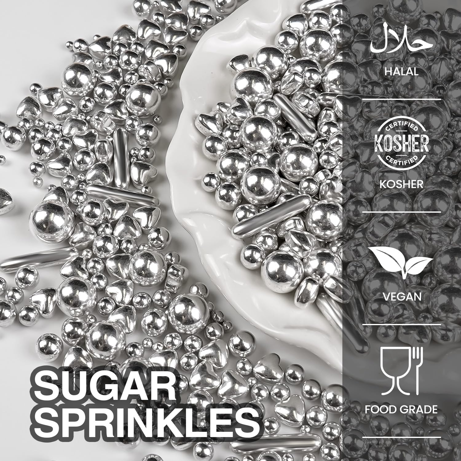 Silver Pearl Rods Heart Sprinkles, Baking Sugar, Silver Sprinkles for Cake, Mix Size, Cupcake Decoration, Holiday, Mother's Day, Wedding Party Supplies