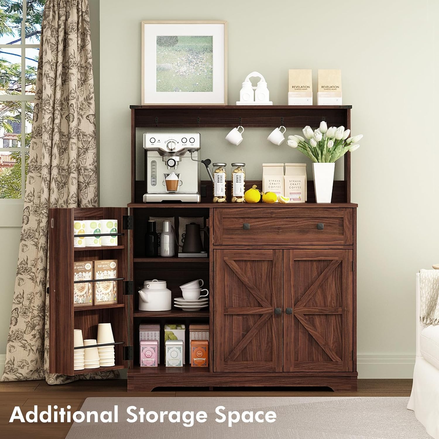 Wnutress Farmhouse Coffee Bar Cabinet with Drawer, 39" Kitchen Hutch Sideboard Buffet Cabinet with Charging Station and Adjustable Shelves, Coffee Bar Storage Table for Living Room, Dining Room, Brown