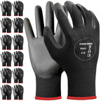 Kebada Safety Work Gloves, 12 Pairs Work Gloves with Grip, PU Coated Grip Gloves for Warehouse, Construction, Gardening and Mechanics, Black, Medium