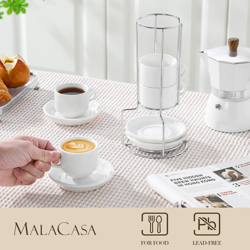 MALACASA 2.5 OZ Porcelain Espresso Cups with Saucers and Metal Stand Set of 4, Stackable Cappuccino Cups, White Expresso Shots Cup Set for Coffee Drinks, Latte, Tea