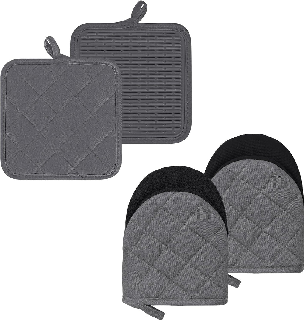 Oven Mitts and Pot Holders Set, Pack of 4, Heat Resistant Silicone Kitchen Mini Oven Mittens for 500 Degrees, Mini Oven Gloves and Hot Pads for Baking Grilling Barbecue Microwave Machine Washable