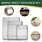 Stainless Steel Cookie Sheets, Baking Sheet Pan Set of 3 with Wire Cooling Rack, Non Stick and Heavy Duty and Easy Clean, 9/12/16 Inch