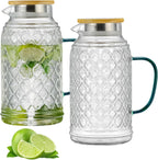 2 PACK Glass Pitcher with Bamboo Lid, 68 oz/2L Vintage Water Pitcher, Clear Borosilicate Glass Water Carafe for Cold Brew, Coffee, Lemonade, Iced Sun Tea,Beverage, Heat Resistant Water Glass Jug