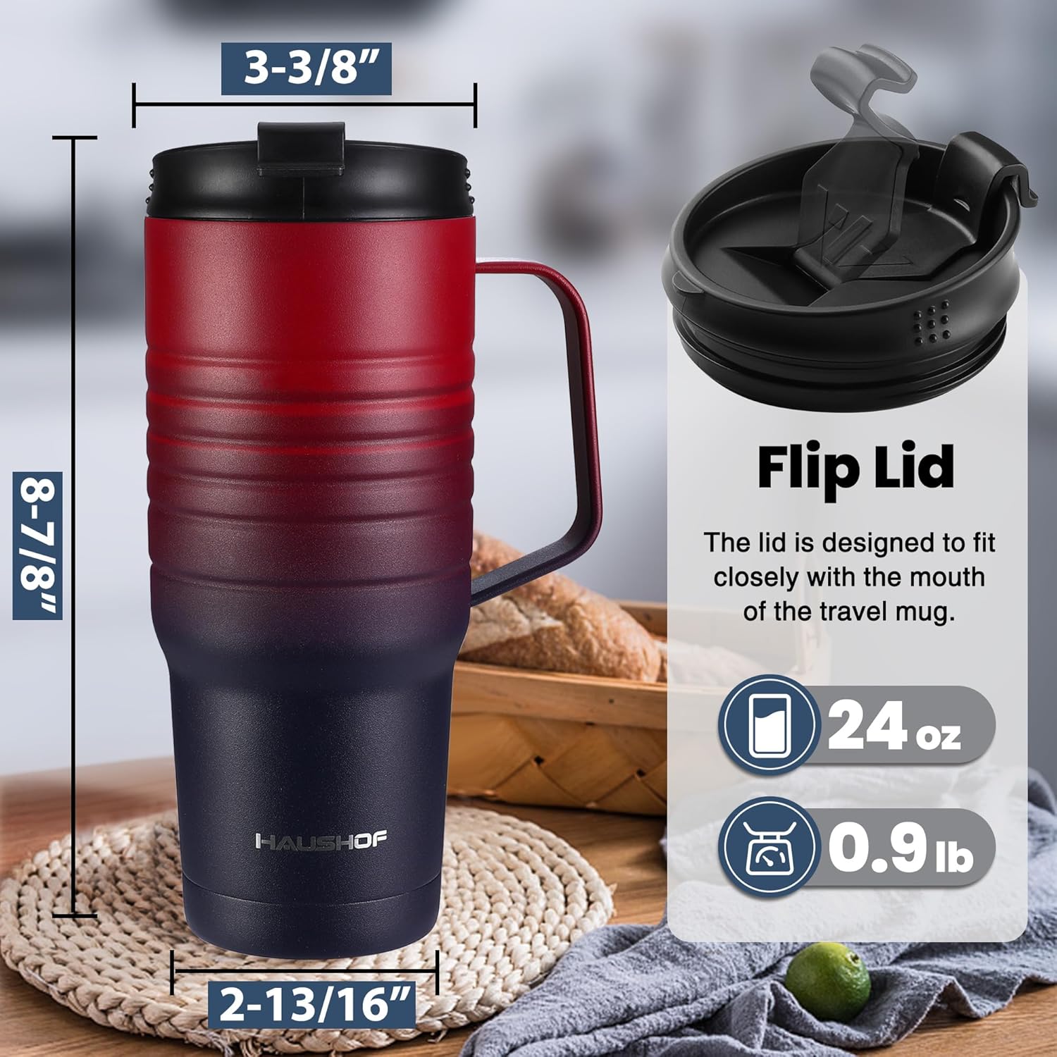 HAUSHOF 24 oz Travel Mug with Handle, Stainless Steel Vacuum Insulated Coffee Travel Mug, Double Wall Travel Mugs with Leakproof Lid, BPA Free