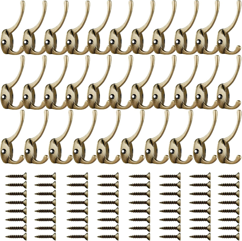 IBosins 32 Pack Antique Brass Coat Hooks Wall Mounted with 64 Screws Retro Double Hooks Utility Hooks for Coat, Scarf, Bag, Towel, Key, Cap, Cup, Hat