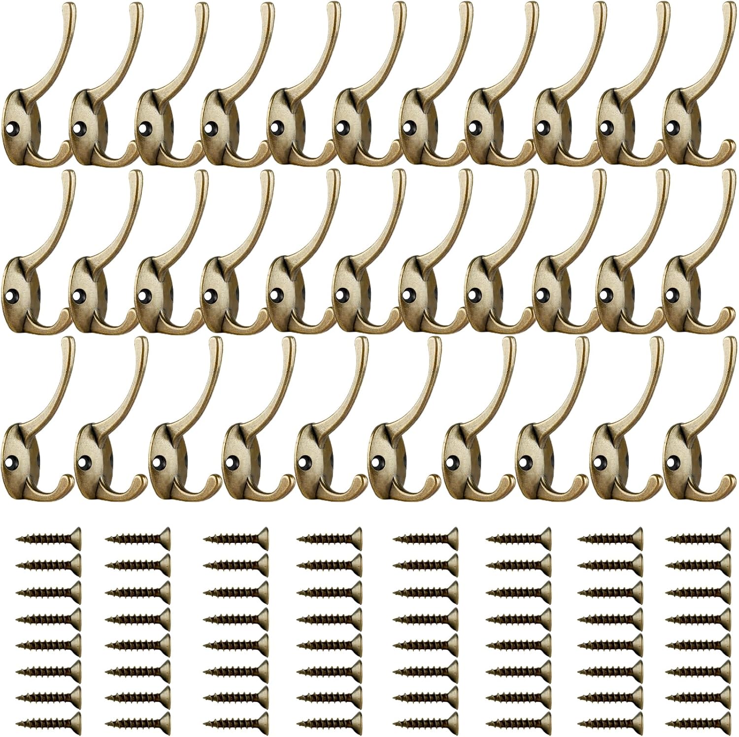 IBosins 32 Pack Antique Brass Coat Hooks Wall Mounted with 64 Screws Retro Double Hooks Utility Hooks for Coat, Scarf, Bag, Towel, Key, Cap, Cup, Hat