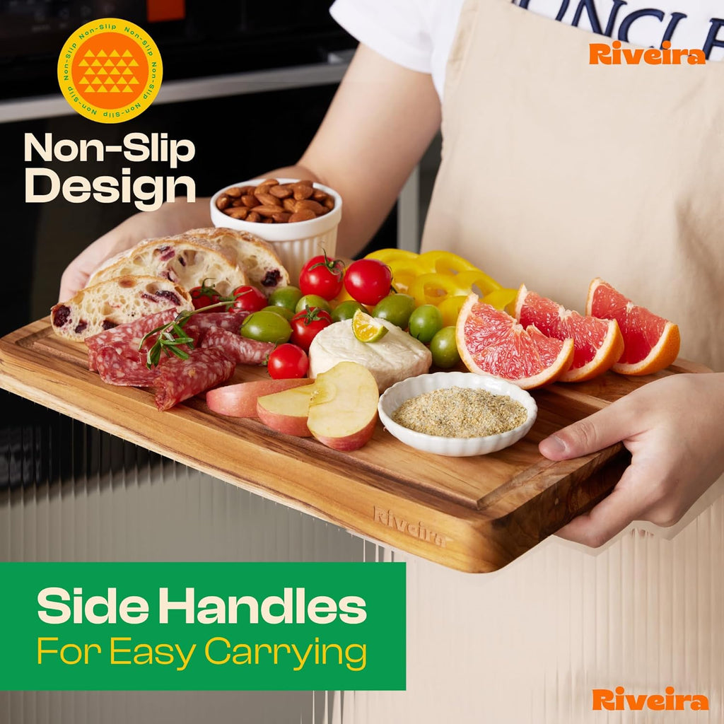 Riveira Teak Wood Cutting Board – Gourmet Teak Grandeur: 12 x 10 Wooden Cutting Board – Natural Wooden Cutting Boards For Kitchen Decorative – Innovative Juice Grooves Teak Wooden Chopping Board