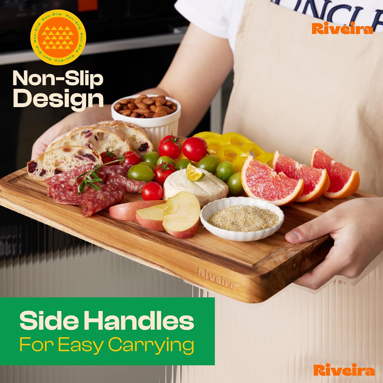 Riveira Teak Wood Cutting Board – Gourmet Teak Grandeur: 24 x 18 Wooden Cutting Board – Natural Wooden Cutting Boards For Kitchen Decorative – Innovative Juice Grooves Teak Wooden Chopping Board