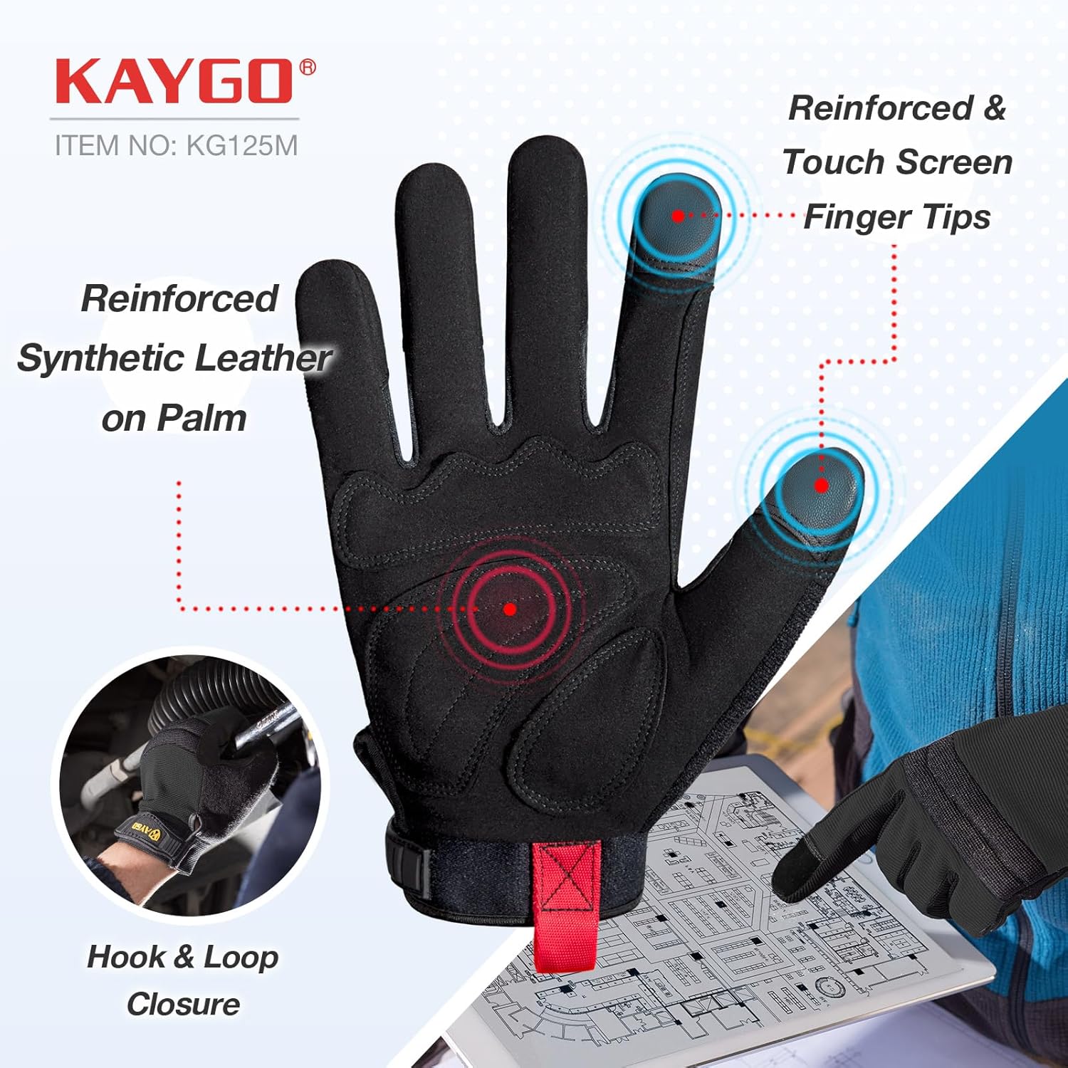 KAYGO Work Gloves For Men, KG125M Mechanic Utility Work Gloves for All Purpose, Excellent Grip, Heavy Duty, Improved Dexterity, Touch Screen,Black, L