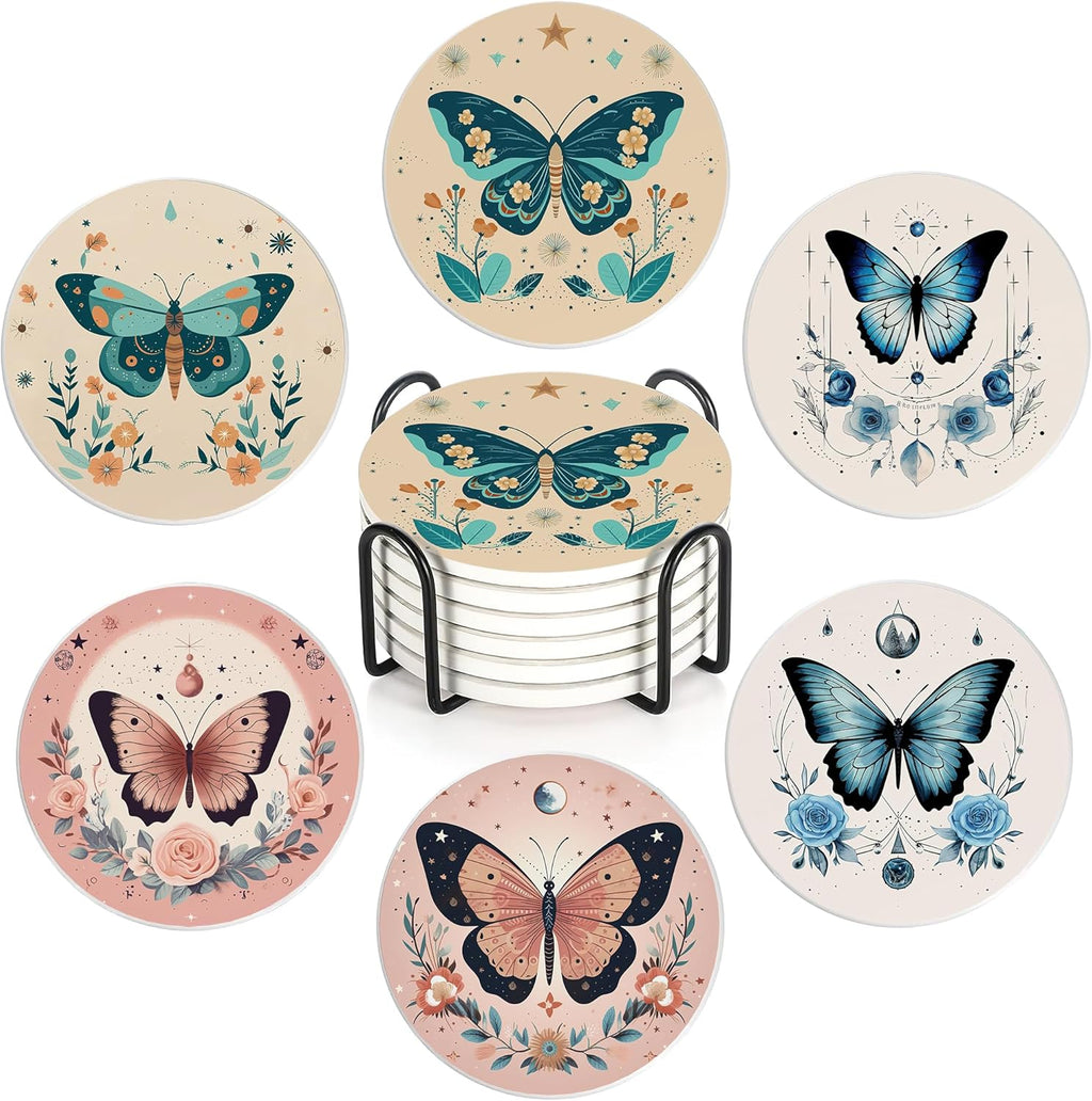Coaster for Drinks Set of 6, Boho Butterfly Flower Absorbing Round Ceramic Stone Coaster with Cork Base,Tabletop Protection Mat for Mugs and Cups,Coffee Table Wine Glass Home Bar 4 Inch
