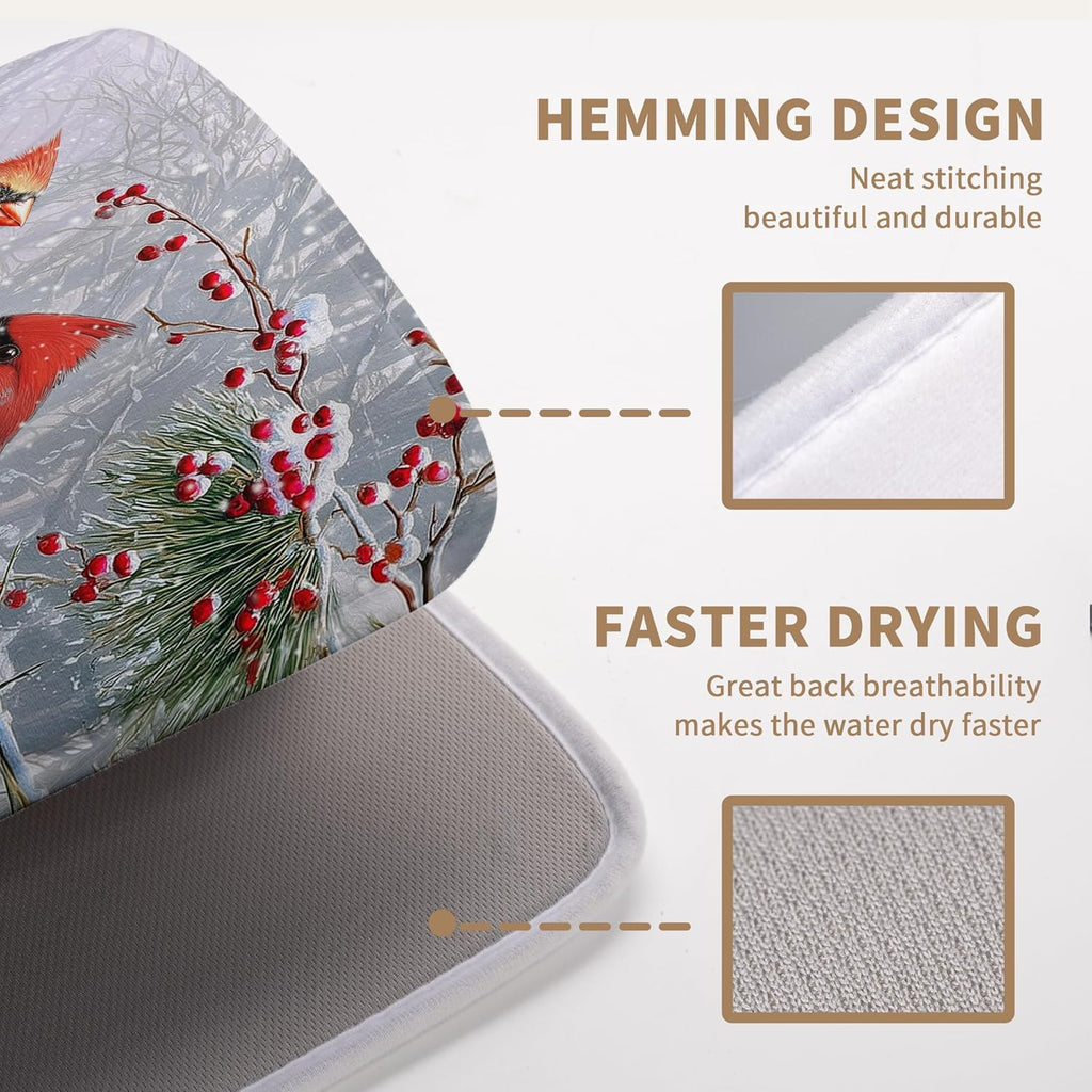 Winter Cardinal Birds Dish Drying Mats Christmas Snowflake Dish Mat Kitchen Tree Large Drying Matt Dishes Dryer Pad for Kitchen Counter Absorbent Microfiber Washable Foldable Reusable 18x24 in