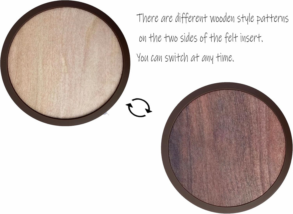 Absorbent Coasters for Drinks with Holder - 6packs, Silicone Coaster with Soft Felt Insert (4.3 inch Coasters with 4.5 inch Holder, Wooden Style)