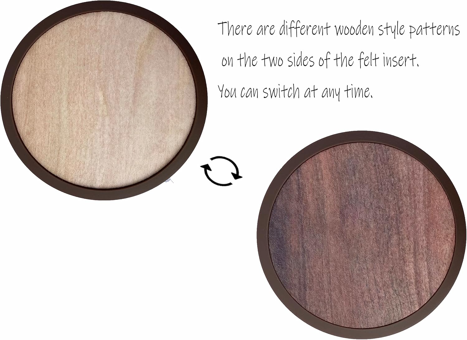 Absorbent Coasters for Drinks with Holder - 6packs, Silicone Coaster with Soft Felt Insert (4.3 inch Coasters with 4.5 inch Holder, Wooden Style)