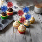 30 PCS Foil Firework Cupcake Toppers Sparkle Tinsel Cupcakae Picks 4th of July Decorations Cocktail Fruit Toothpick for Fireworks Theme Birthday Wedding Graduation Party Decor Supplies Blue Red Silver