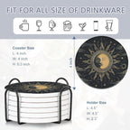 Drink Coasters Set of 6 with Holder, Gold Sun Moon Clouds Stars Absorbent Ceramic Coasters with Cork Base,Fit All Cups,Great Gift for Housewarming,Room Decor,Bar,Holiday Party