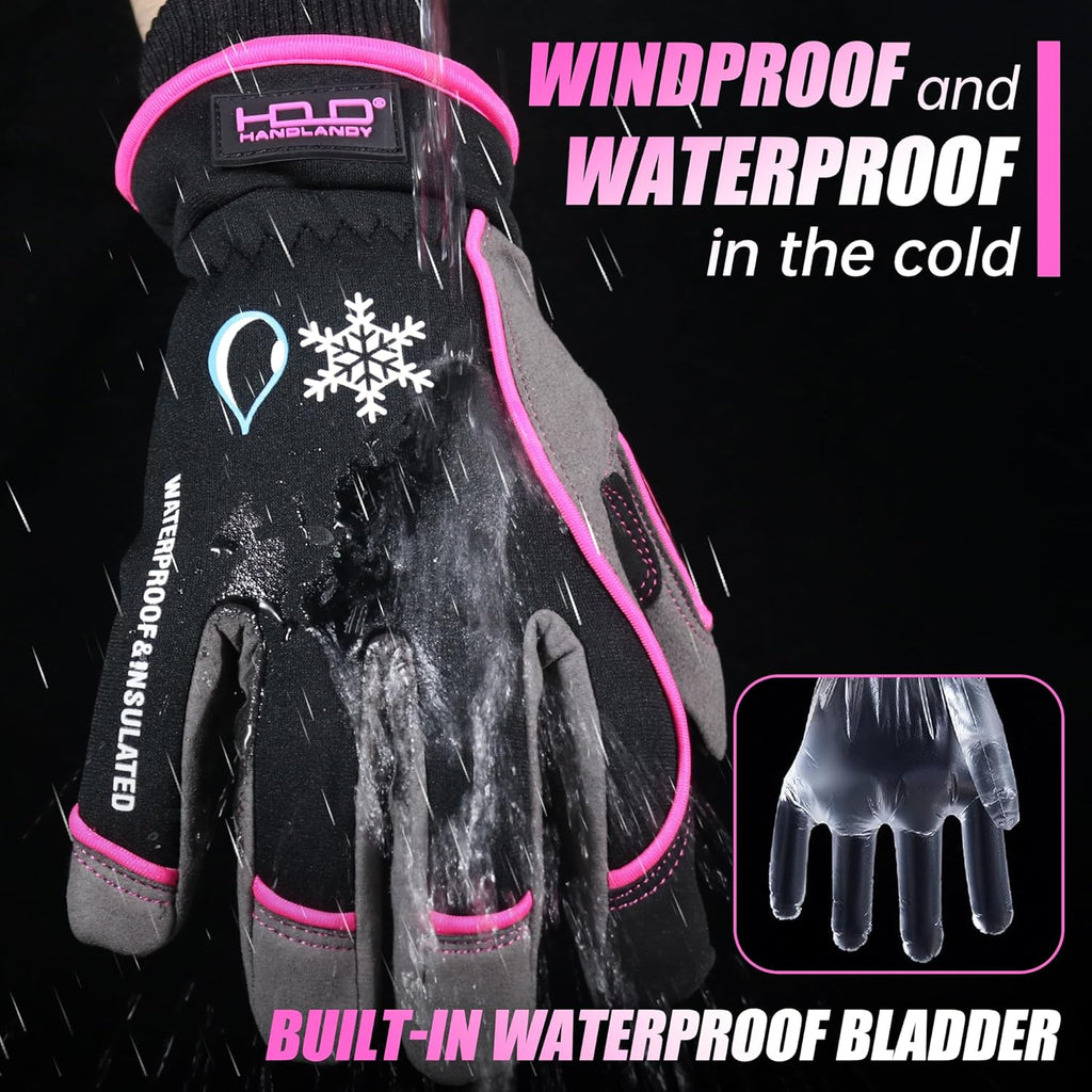 HANDLANDY Waterproof Insulated Work Gloves, 3M Thinsulate Thermal Winter Gloves for Men Women Touch Screen, Warm Ski Snowboard Cold Weather Gloves (Medium, Pink)