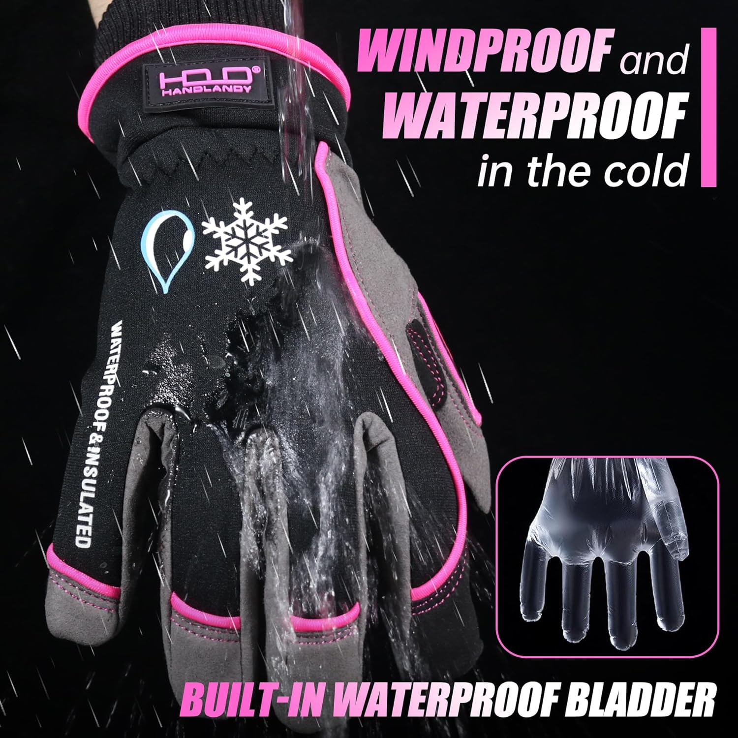HANDLANDY Waterproof Insulated Work Gloves, 3M Thinsulate Thermal Winter Gloves for Men Women Touch Screen, Warm Ski Snowboard Cold Weather Gloves (Medium, Pink)