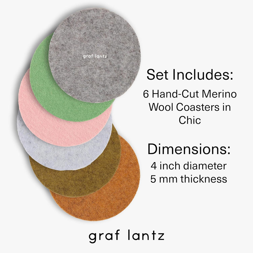 Graf Lantz - Bierfilzl Merino Wool Round Coasters Set of 6 - Chic (4" Circles) - Absorbs 30% of Weight - German Wool - Heat Resistant, Sustainable, & Reusable - Home Decor & Coffee Table Decor