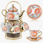 Zhehao 20 Pcs Porcelain Tea Set with Metal Holder and Spoon Adult Ceramic Tea Party Set European Flower Painting Teapot Cup Saucer Spoon Set for Women, Large Version(Retro Style)
