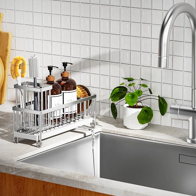 Cisily Extra Large Silver Sponge Holder for Kitchen Sink, Sink Caddy Organizer with High Brush Holder, Kitchen Countertop Organizers and Storage Essentials, Rustproof 304 Stainless Steel