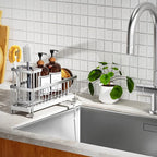 Cisily Extra Large Silver Sponge Holder for Kitchen Sink, Sink Caddy Organizer with High Brush Holder, Kitchen Countertop Organizers and Storage Essentials, Rustproof 304 Stainless Steel