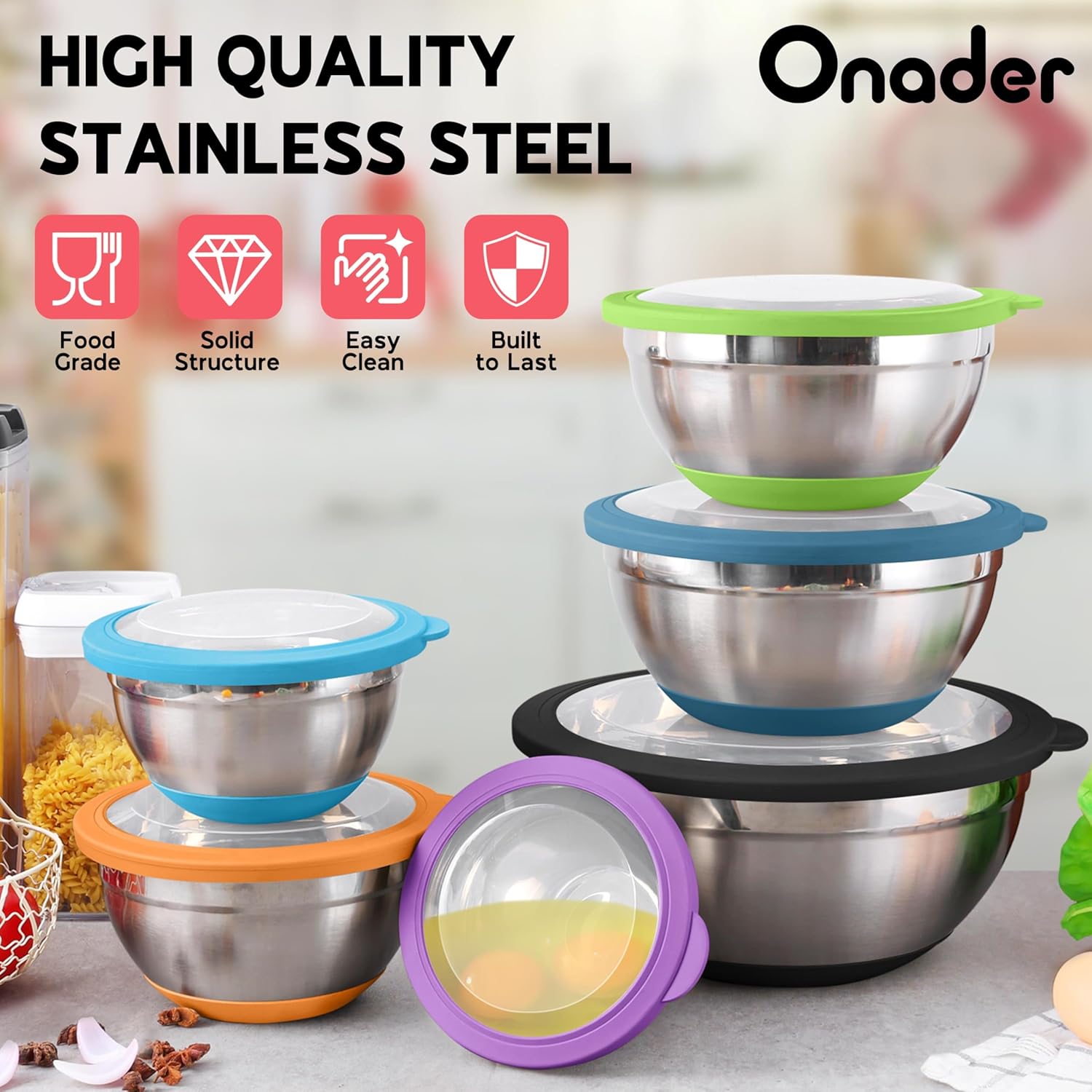 Colorful Mixing Bowl Set of 6 for Kitchen, Large Stainless Steel Metal Nesting Mixing Bowls with Airtight Lids, Non Slip - Size 1, 1.5, 2, 2.6, 3.5, 7QT