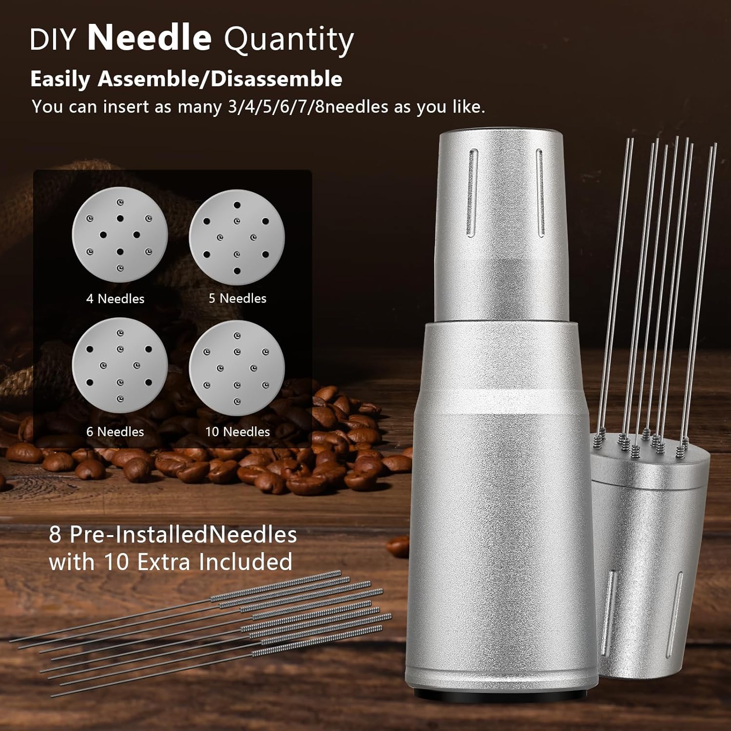 WDT Tool Espresso Distributor Accessory kit &1.7mm Thickness 150μm Mesh Puck Screen & 8 Magnets dosing ring Compatible with Breville Portafilter (WDT +51MM silver dosing ring&puck screen)