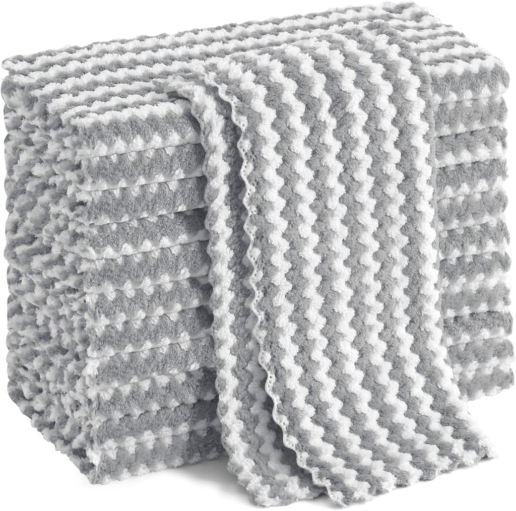 Homaxy 12 Pack Kitchen Dish Cloths, Ultra Soft and Absorbent Dish Towels, Reusable Fast Drying Microfiber Cleaning Cloth, Coral Velvet Wave Design No-lint, 10 x 10 inches, Grey