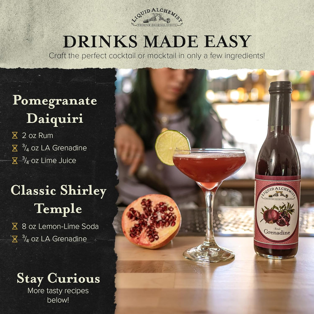 Liquid Alchemist Grenadine Syrup for Cocktails - Real Ingredients Make our Pomegranate Syrup the Perfect Shirley Temple Mix - Our Small Batch is Non-GMO, Gluten Free & Vegan (25 oz)