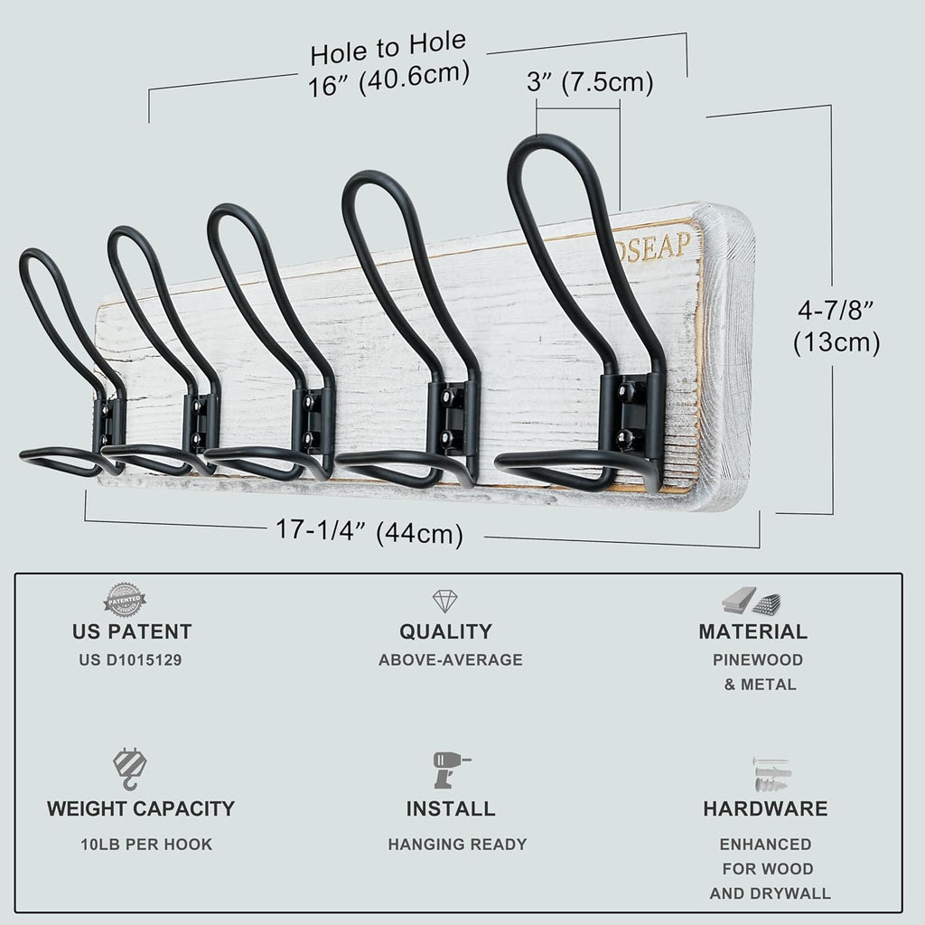 Dseap Coat Rack Wall Mounted - Heavy Duty Farmhouse Rustic Wall Coat Hanger With 5 Wire Hooks for Clothes Hat Jacket Towel, RusticWire, G25A, Whitewash & Black, Pack of 2