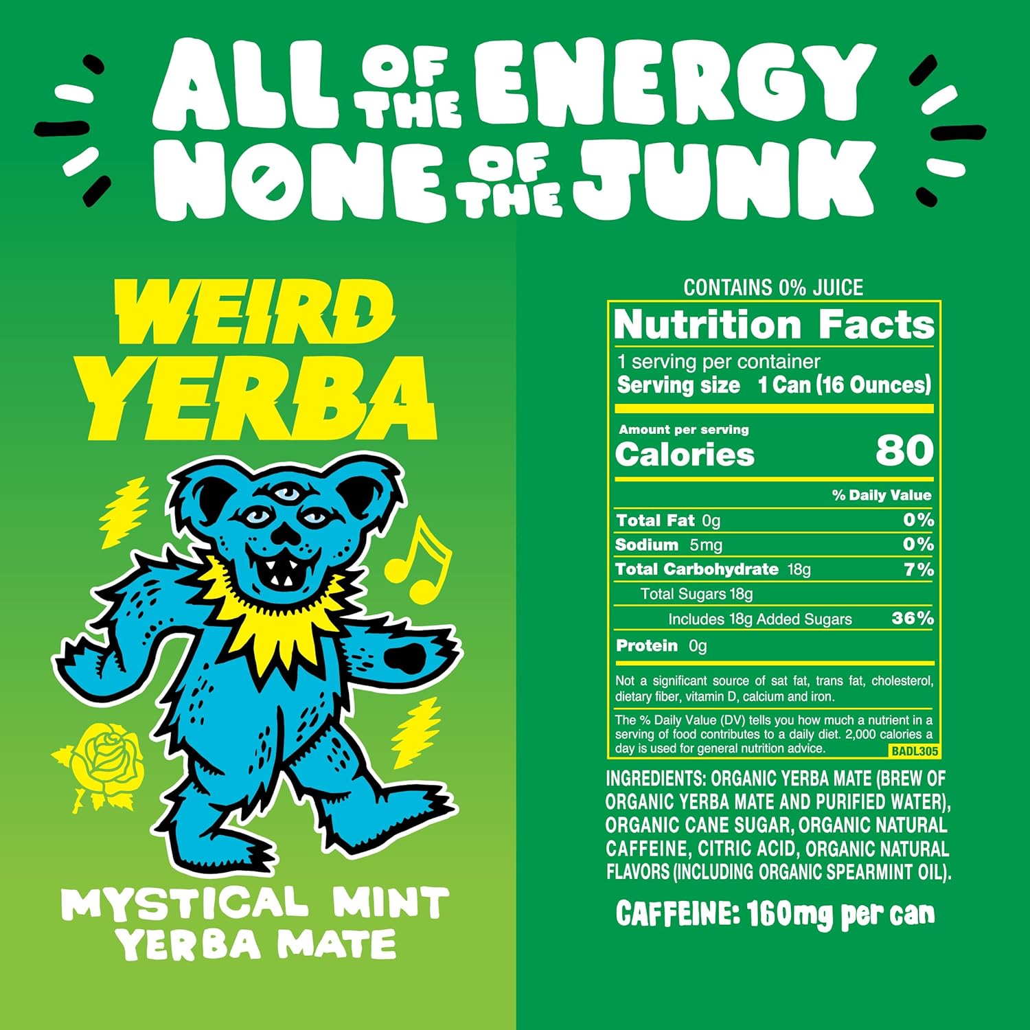 Drink Weird Organic Mystical Mint Yerba Mate – 16oz Cans, 160mg Organic Caffeine, Pack of 12 – Grateful Dead Collab, Clean Energy Drink Alternative