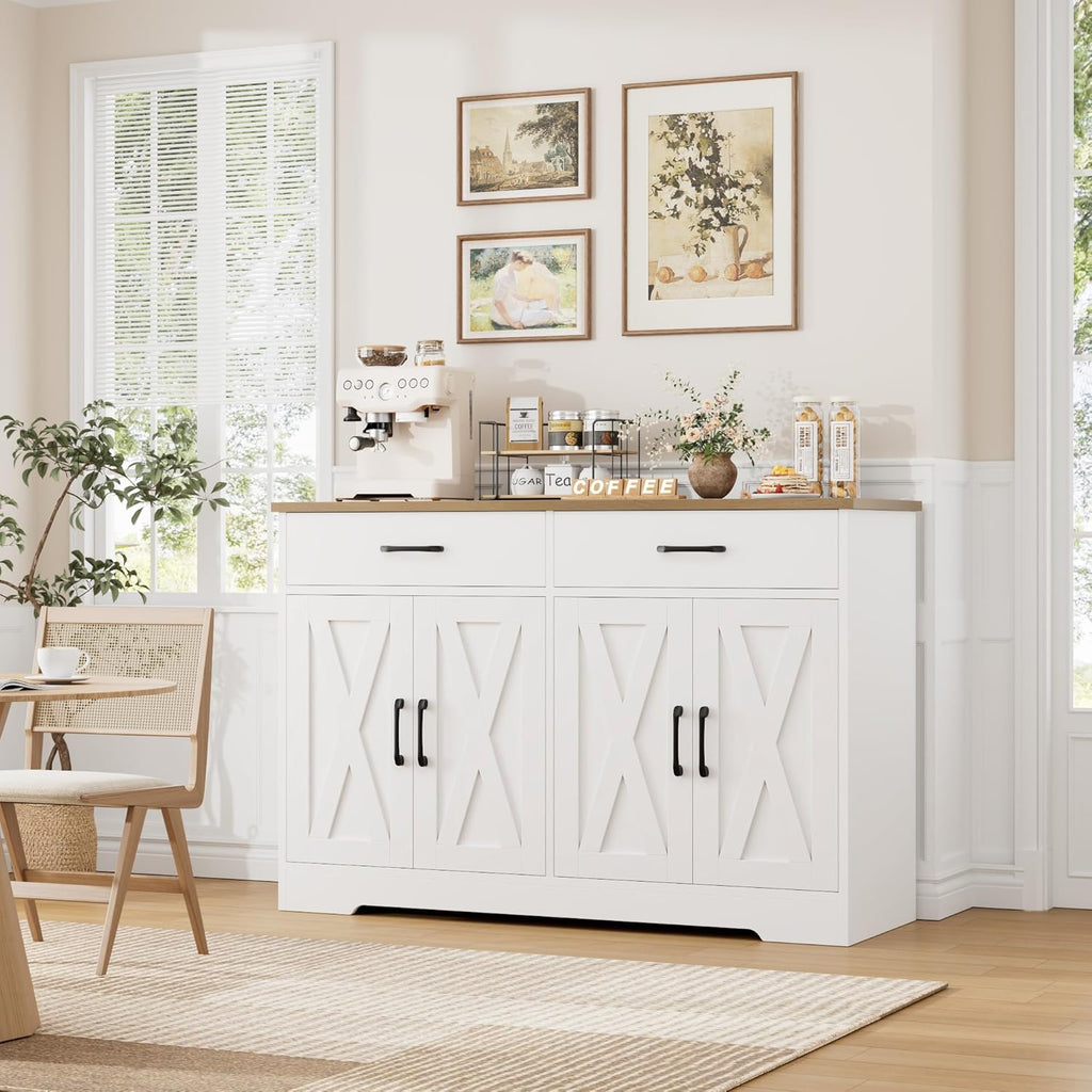 HOSTACK Buffet Cabinet with Storage, 47.2" Kitchen Sideboard Buffet with Drawers, Modern Farmhouse Coffee Bar Station with Shelves, Barn Doors Storage Cabinet for Living Room, White/Rustic Brown