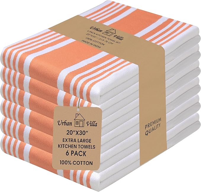 Urban Villa Kitchen Towels 100% Cotton Dish Towels for Kitchen (Set of 6)20”x30” Dish Cloths Highly Absorbent Kitchen Linen Set with Hanging Loop Perfect for Drying Dishes Cleaning Towels-Orange White