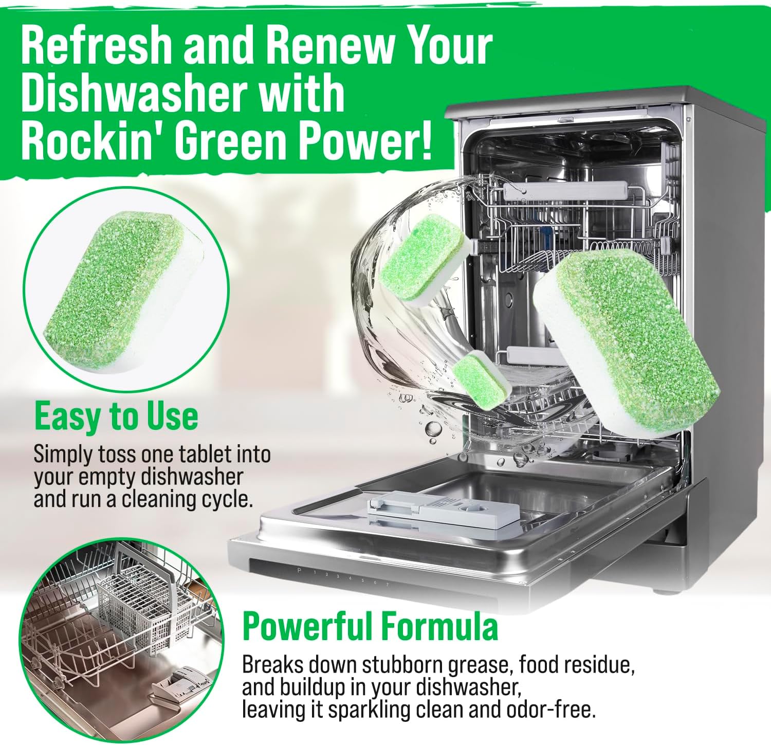 Rockin' Green Dishwasher Cleaner Tablets (24 Pack) - Septic Safe Dishwasher Cleaning Tablets Dishwasher Cleaner and Deodorizer Dishwashers Tablet Remove Build Up with Citric Acid (Sweet Child O'Lime)