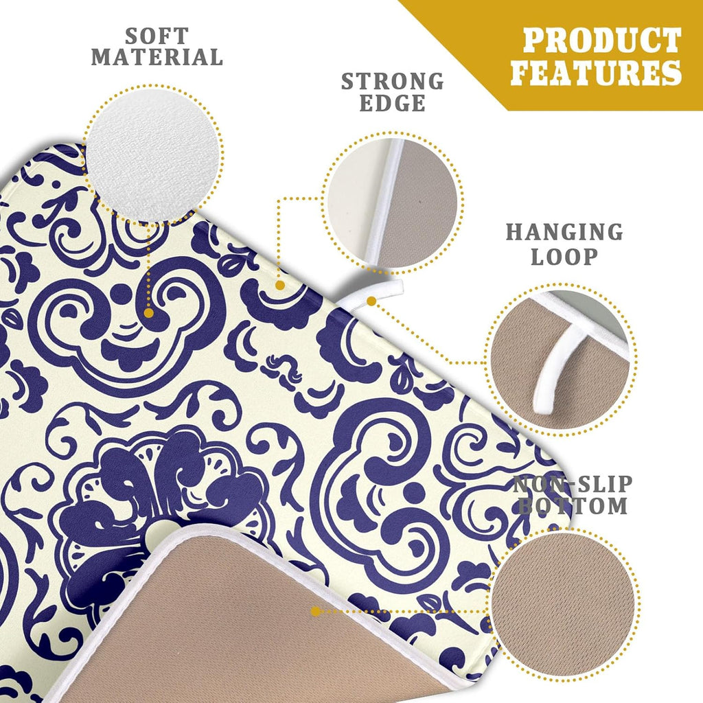 Boho Ethnic Design Dish Drying Mat for Kitchen Counter,Blue Bohemian Mandala Drying Mat 16 x 18 Inch with High Absorbent Reversible Microfiber Dish Drying Pad Dish Rack Pad Drainer Mat for Coffee Bar