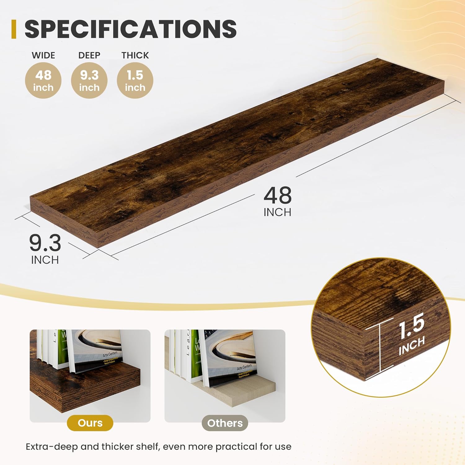 48 Inch Floating Shelves, 9.3" Deep Floating Shelf Wall Mounted, 48" Wall Shelves, Rustic Deep Bookshelf, Large Display Shelves & Storage Shelves for Bedroom, Living Room, Brown, Set of 1
