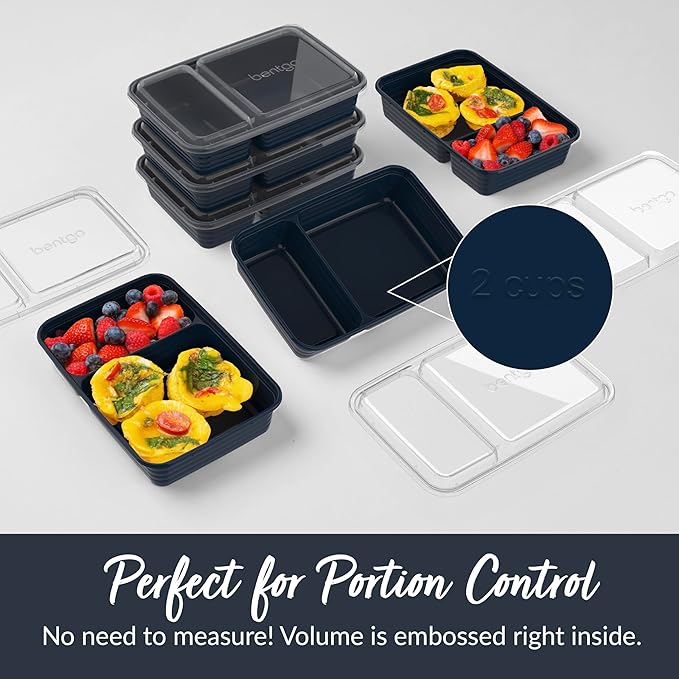 Bentgo Prep - 20-Piece 2-Compartment Reusable Meal Prep Containers with Lids, PFAS & BPA Free Materials, Durable, Microwave, Freezer, & Dishwasher Safe To Go Food Storage (Navy Blue)