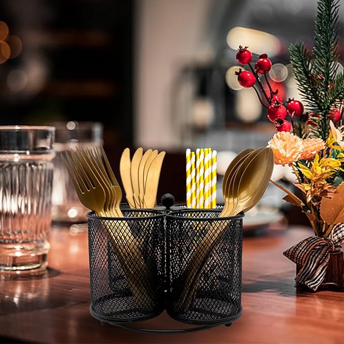 Silverware Holder Utensil Caddy - 360° Rotating Silverware Caddy 4 Compartment Metal Cutlery Organizer Fork Spoon Napkin Plastic Flatware Storage Basket Party Countertop Picnic Outdoor Black