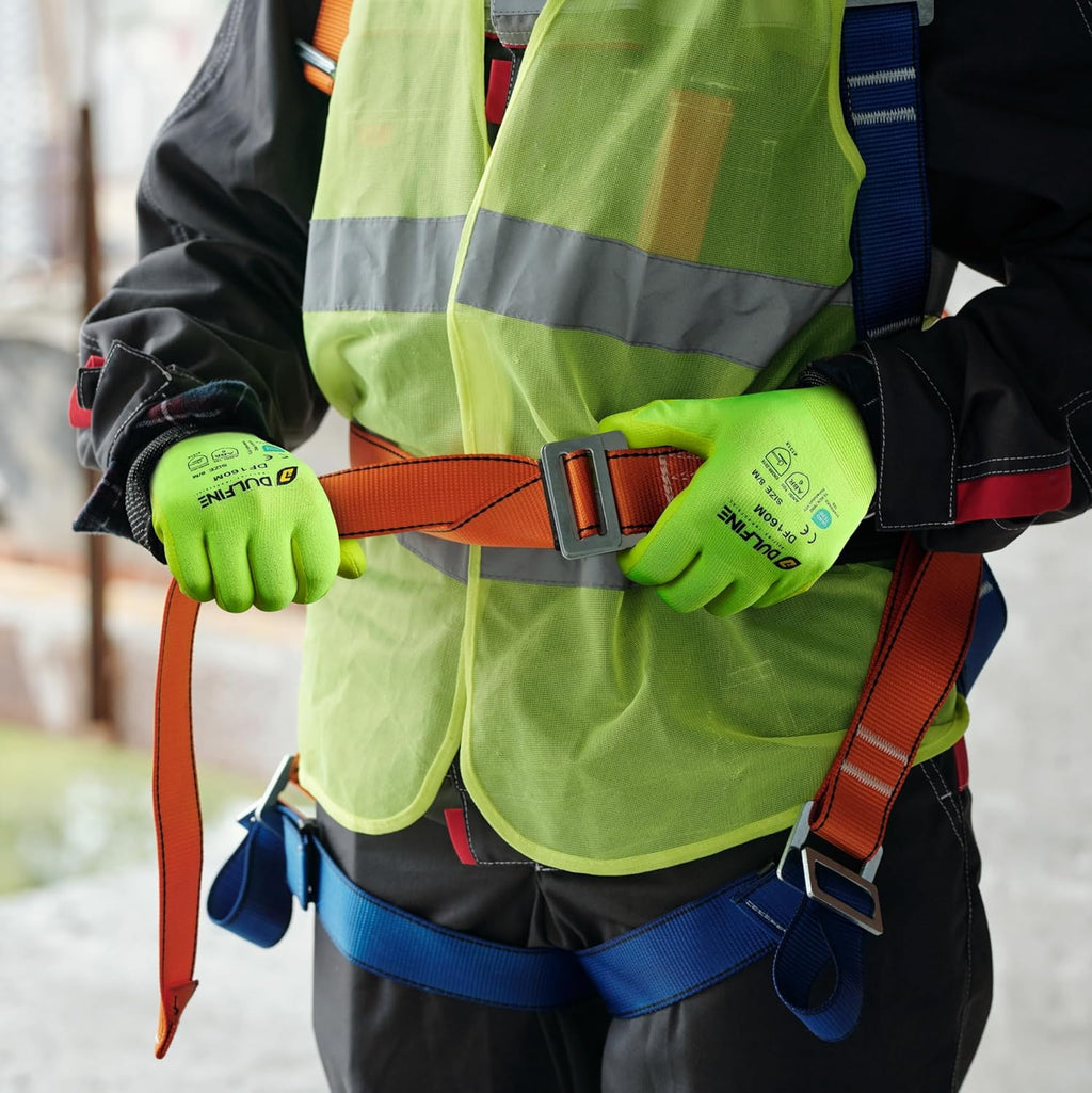 DULFINE Work Gloves for Men and Women,Hi-Vis Yellow Knit Nylon Glove with MicroFoam Nitrile Coated-12 Pairs Pack,Ideal for General Purpose,Automotive,Home Improvement,Painting(Large)