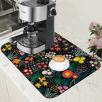 Dish Drying Mat Doodle Flower Meadow Coffee Bar Mat for Countertop Absorbent Rubber Backed Hide Stain Dish Drainer Rack Pad Coffee Pot Espresso Machine Dining Room Decoration 11.8 x 19.7 Inch