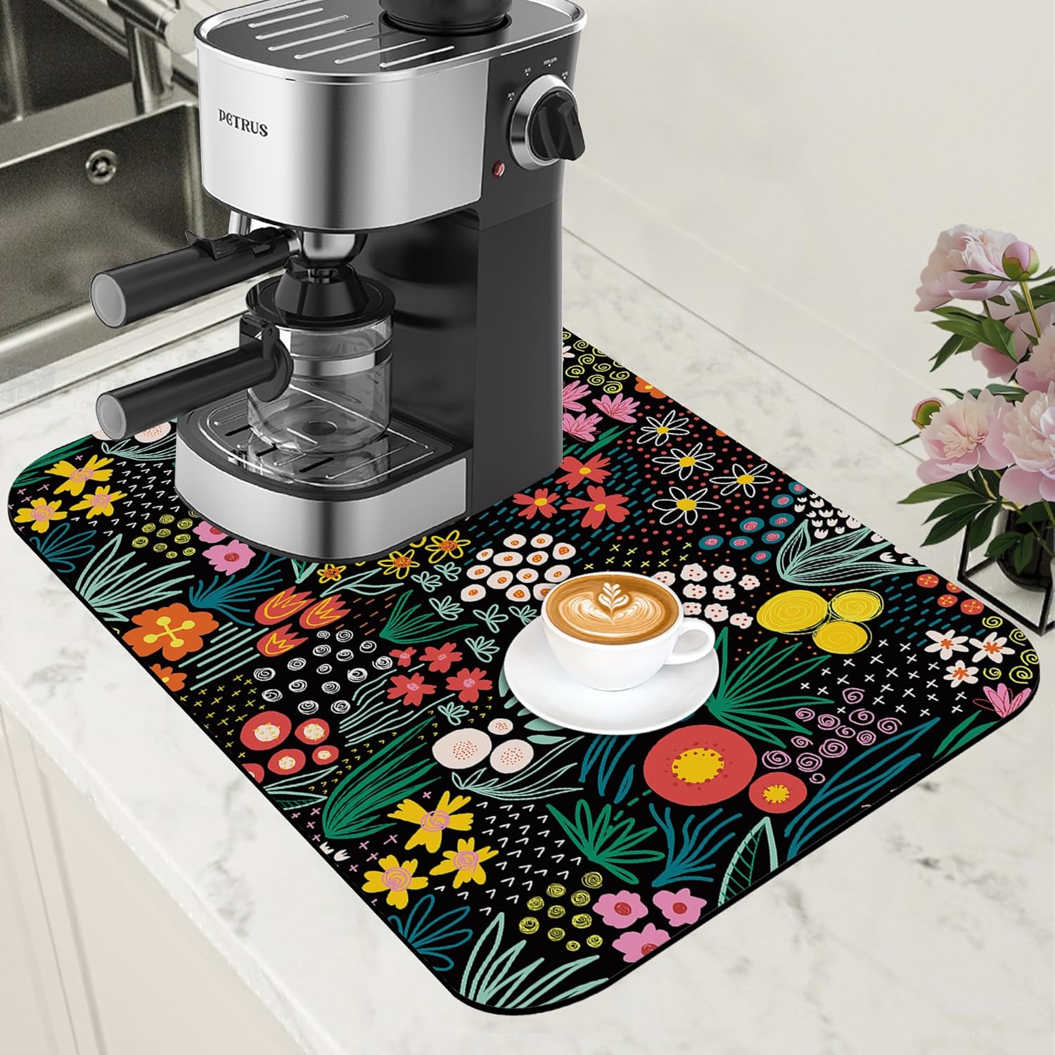 Dish Drying Mat Doodle Flower Meadow Coffee Bar Mat for Countertop Absorbent Rubber Backed Hide Stain Dish Drainer Rack Pad Coffee Pot Espresso Machine Dining Room Decoration 11.8 x 19.7 Inch