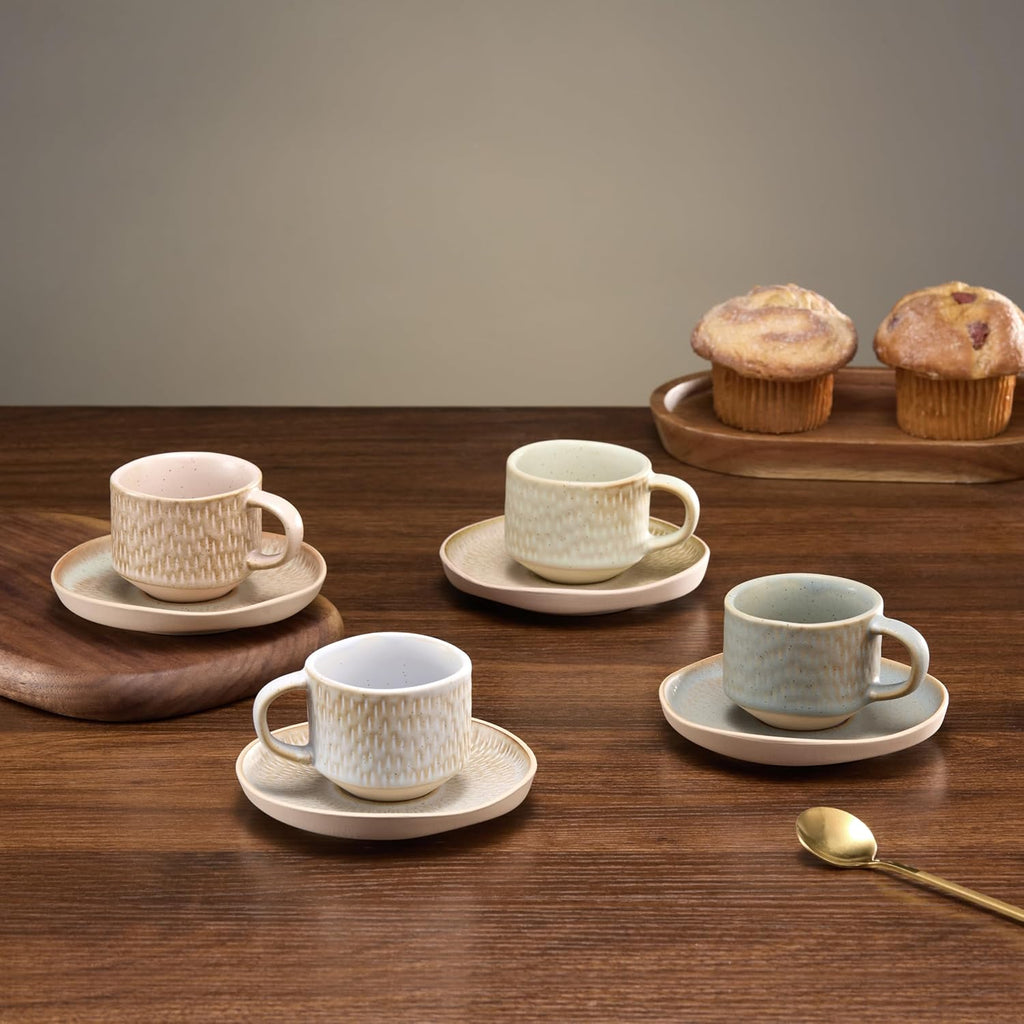 KooK Espresso Mug and Saucer Set, Ceramic Cups and Plates with Rustic Organic Shape and Feathered Texture, Dishwasher and Microwave Safe, 2.7 oz, Set of 4, Neutral Multicolor
