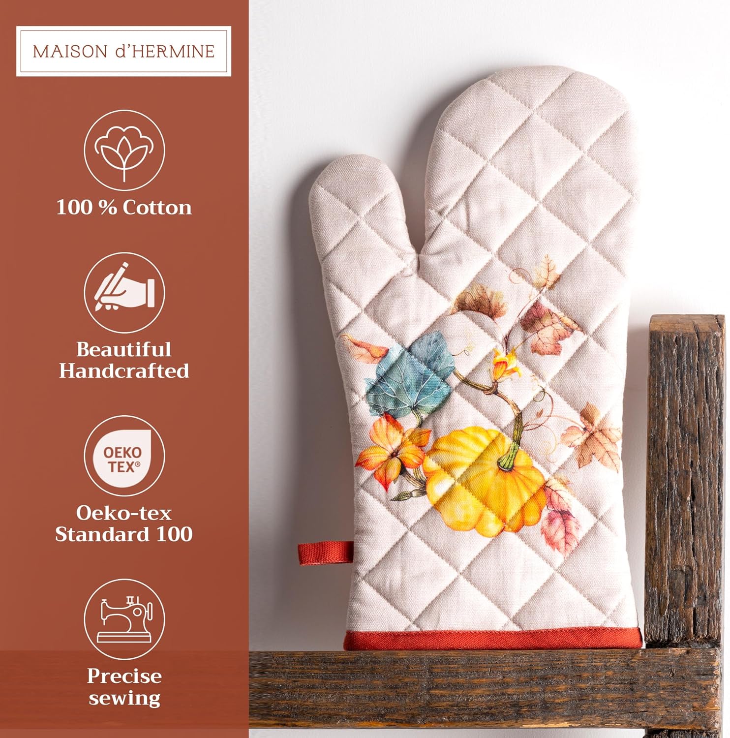 Maison d' Hermine Oven Gloves 100% Cotton Oven Mitt 7" x 13" with Loop Heat Resistant, BBQ, Cooking Gloves, Baking, Grilling, Kitchen, Handling Hot Pans (Pack of 1, Potiron)