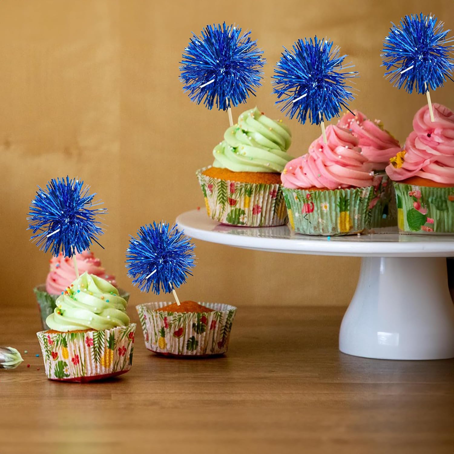 Gyufise 30Pcs Foil Firework Cupcake Toppers Sparkle Tinsel Cake Toppers Tinsel Drink Cake Decoration Cocktail Picks for Birthday Wedding Graduation Party Supplies Dark Blue