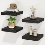 Square Floating Shelves for Wall, 8" W x 8" D x 1.2" H, Small Wooden Wall Mounted Display Shelves with Invisible Brackets for Living Room, Bedroom, Bathroom, Kitchen Decor, Set of 4, Black