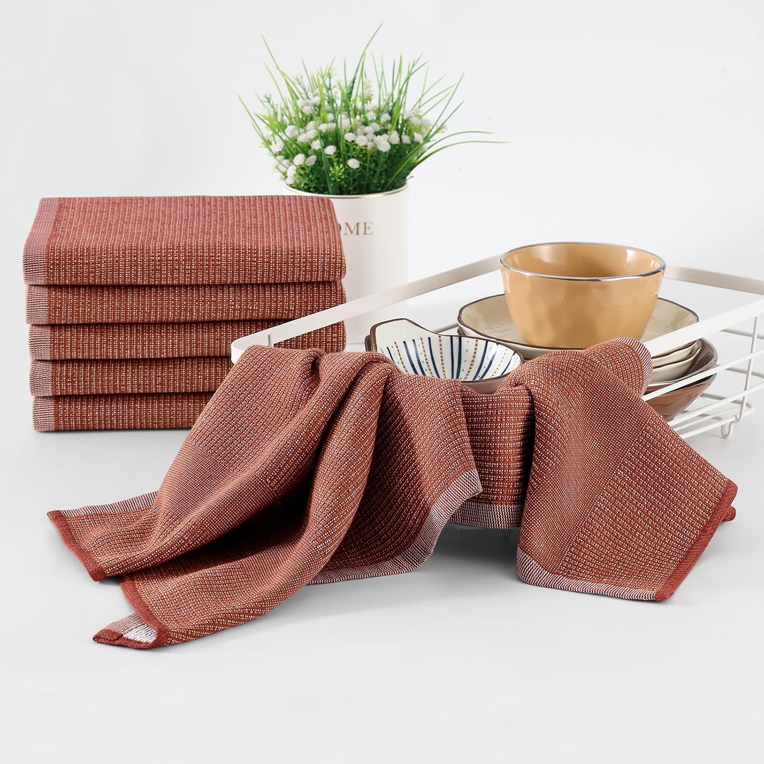 Homaxy Premium Kitchen Towels(18”x 28”, 8 Pack), Large Cotton Kitchen Hand Towels, Flat and Terry Dish Towels, 380 GSM Highly Absorbent Tea Towel Set with Hanging Loop, Rust
